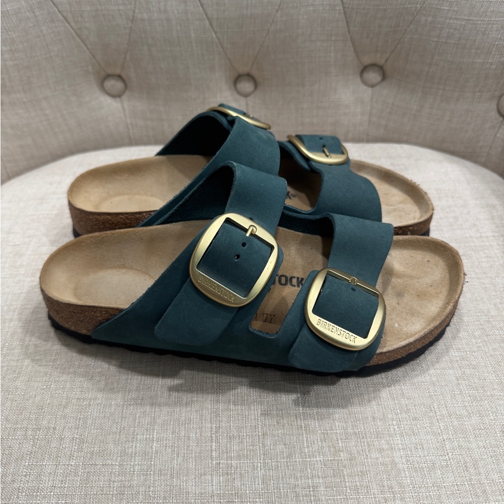 Birkenstock Dark Teal Sandals with Gold Buckles